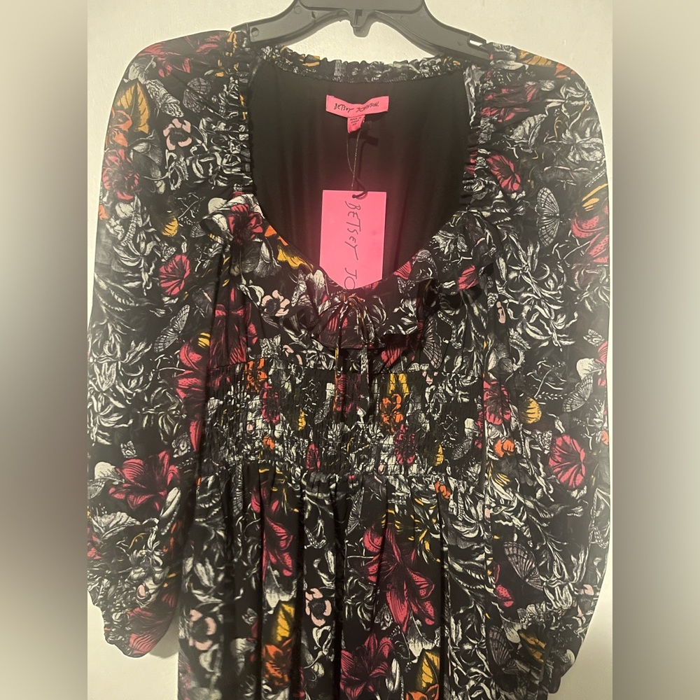 Betsey  Johnson black floral long peasant sleeve dress